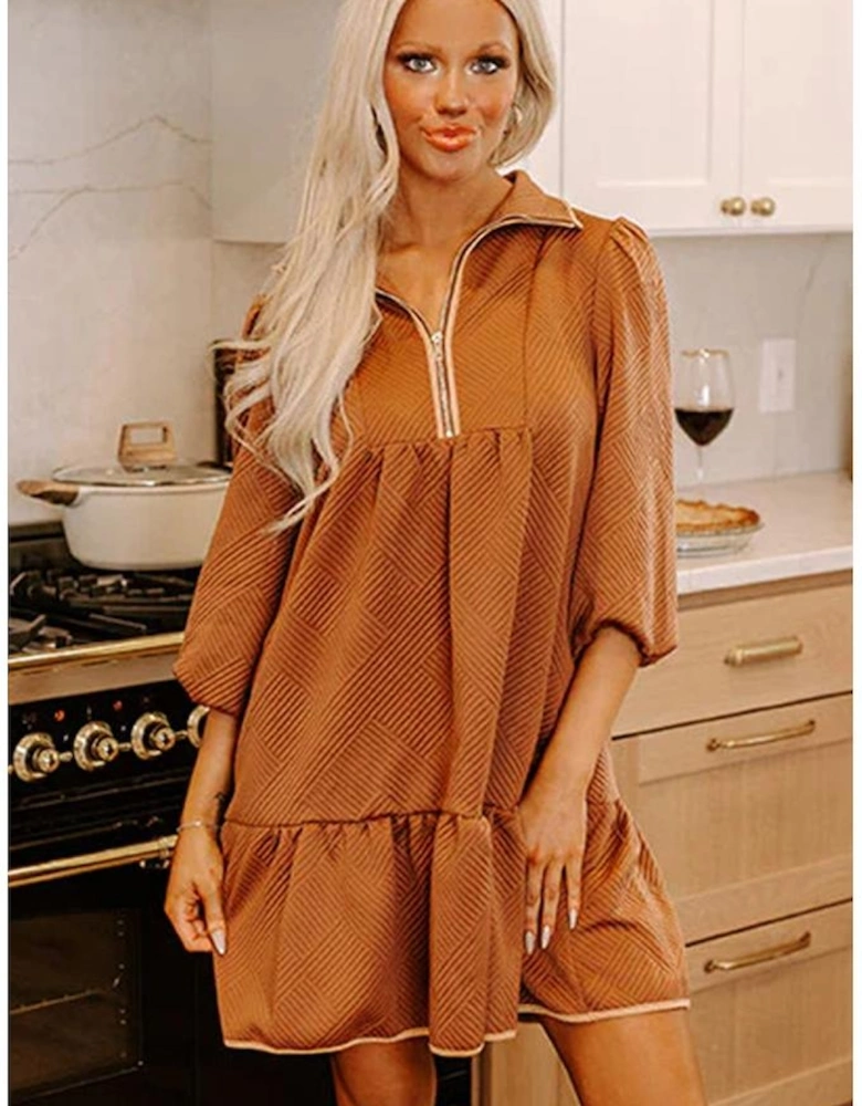 Desert Gold  Quarter Zip Collar Bracelet Sleeve Textured Mini Dress