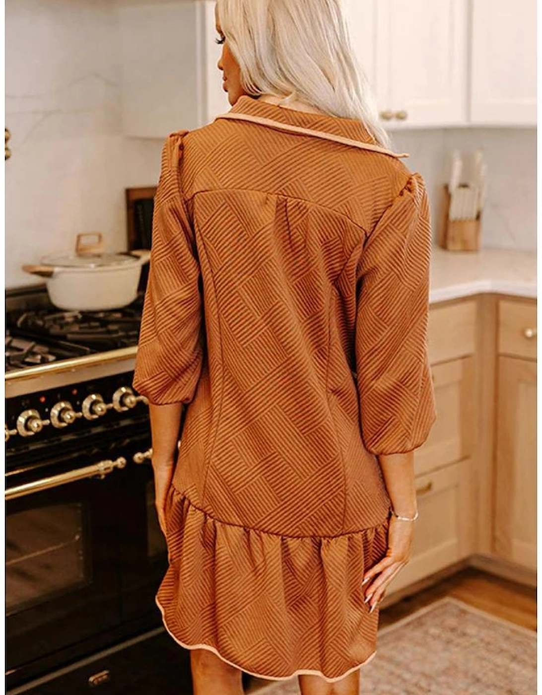 Desert Gold  Quarter Zip Collar Bracelet Sleeve Textured Mini Dress, 15 of 14