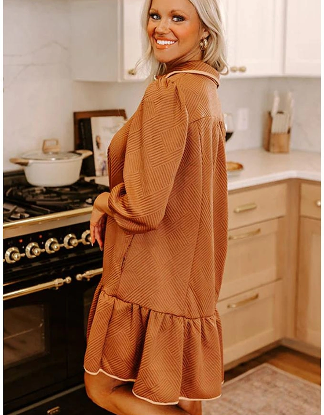 Desert Gold  Quarter Zip Collar Bracelet Sleeve Textured Mini Dress