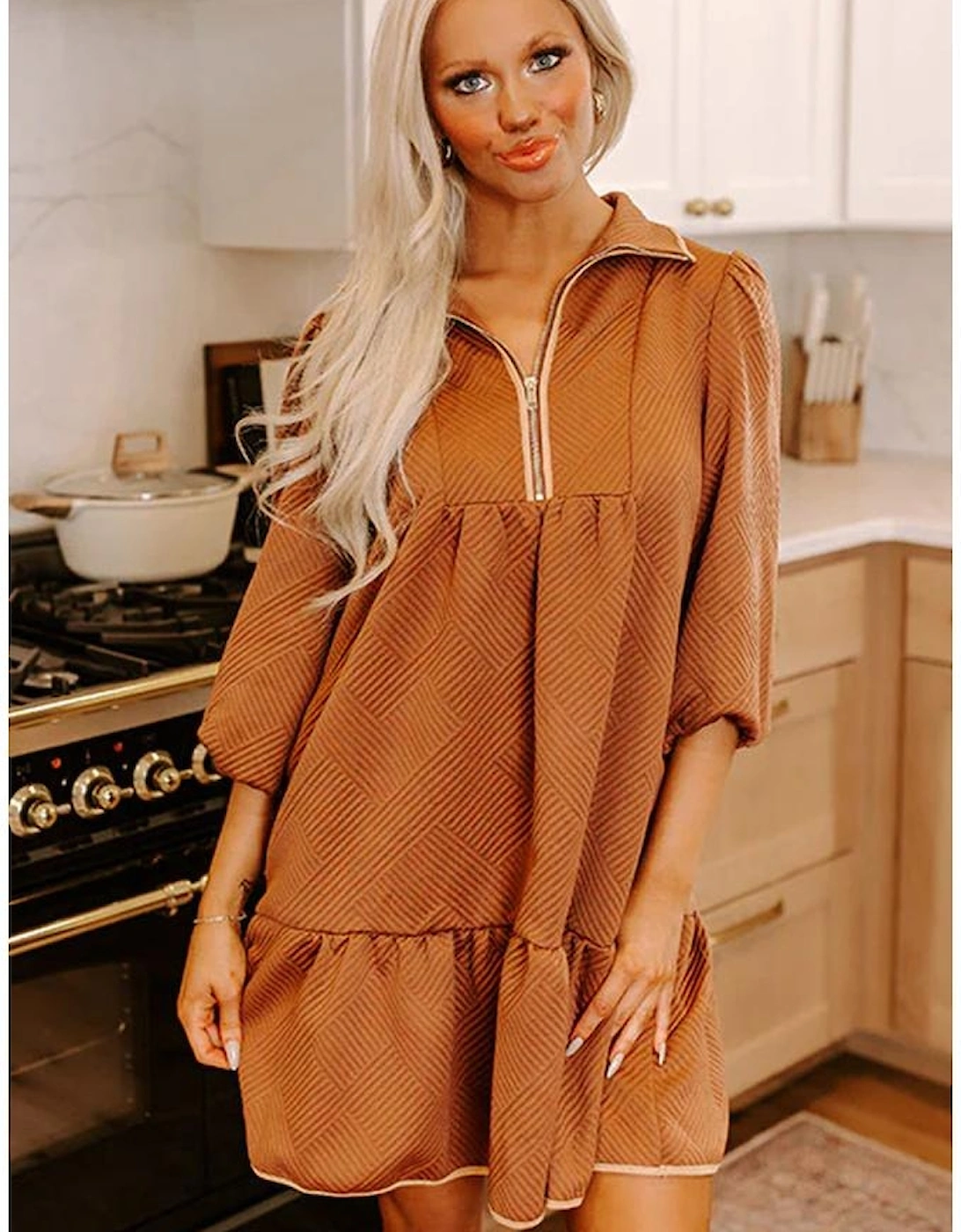 Desert Gold  Quarter Zip Collar Bracelet Sleeve Textured Mini Dress