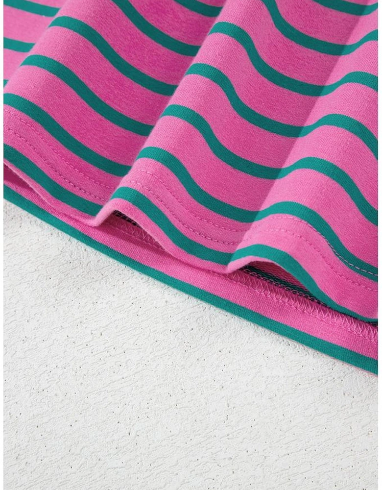 Pink Stripe Colorblock Ruffled Sleeve Crew Neck Blouse