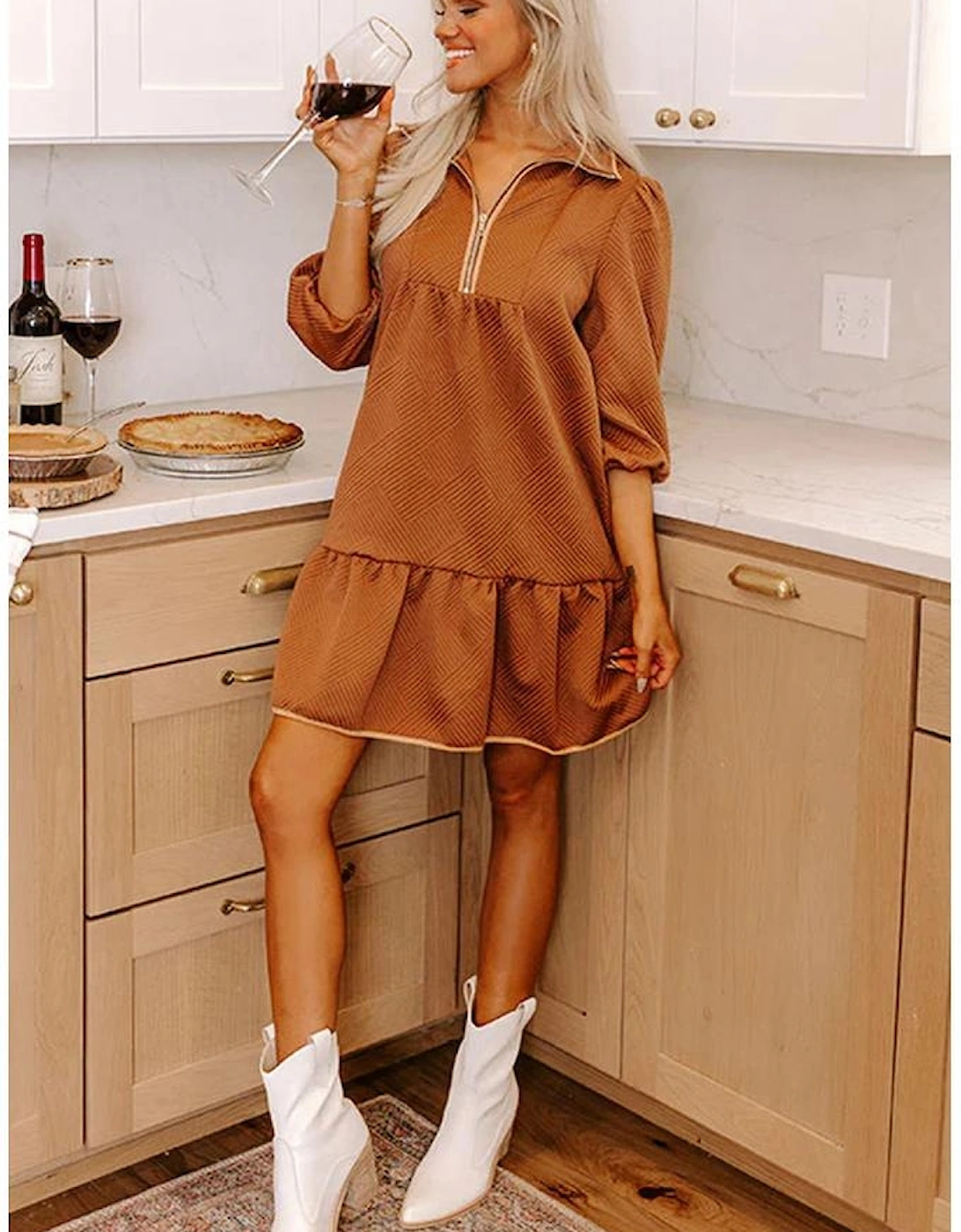 Desert Gold  Quarter Zip Collar Bracelet Sleeve Textured Mini Dress