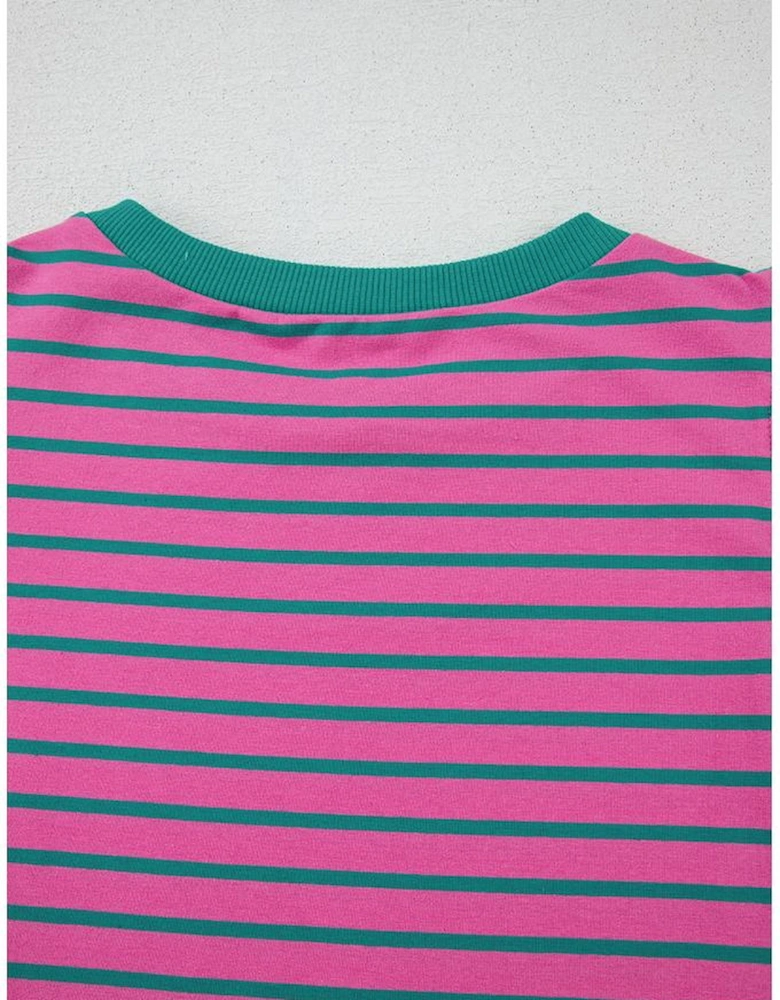 Pink Stripe Colorblock Ruffled Sleeve Crew Neck Blouse