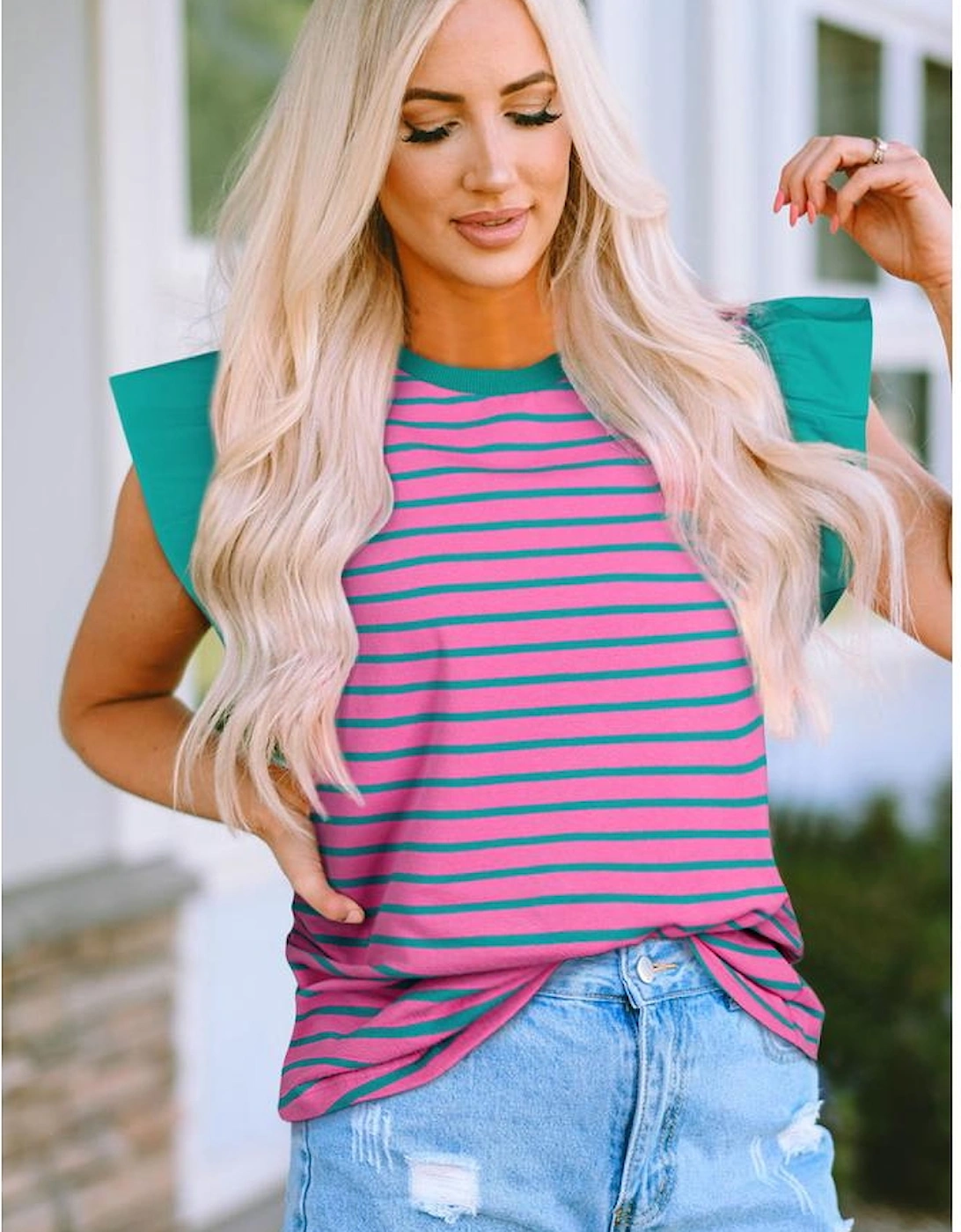 Pink Stripe Colorblock Ruffled Sleeve Crew Neck Blouse