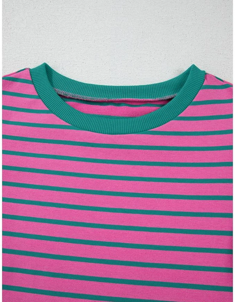 Pink Stripe Colorblock Ruffled Sleeve Crew Neck Blouse