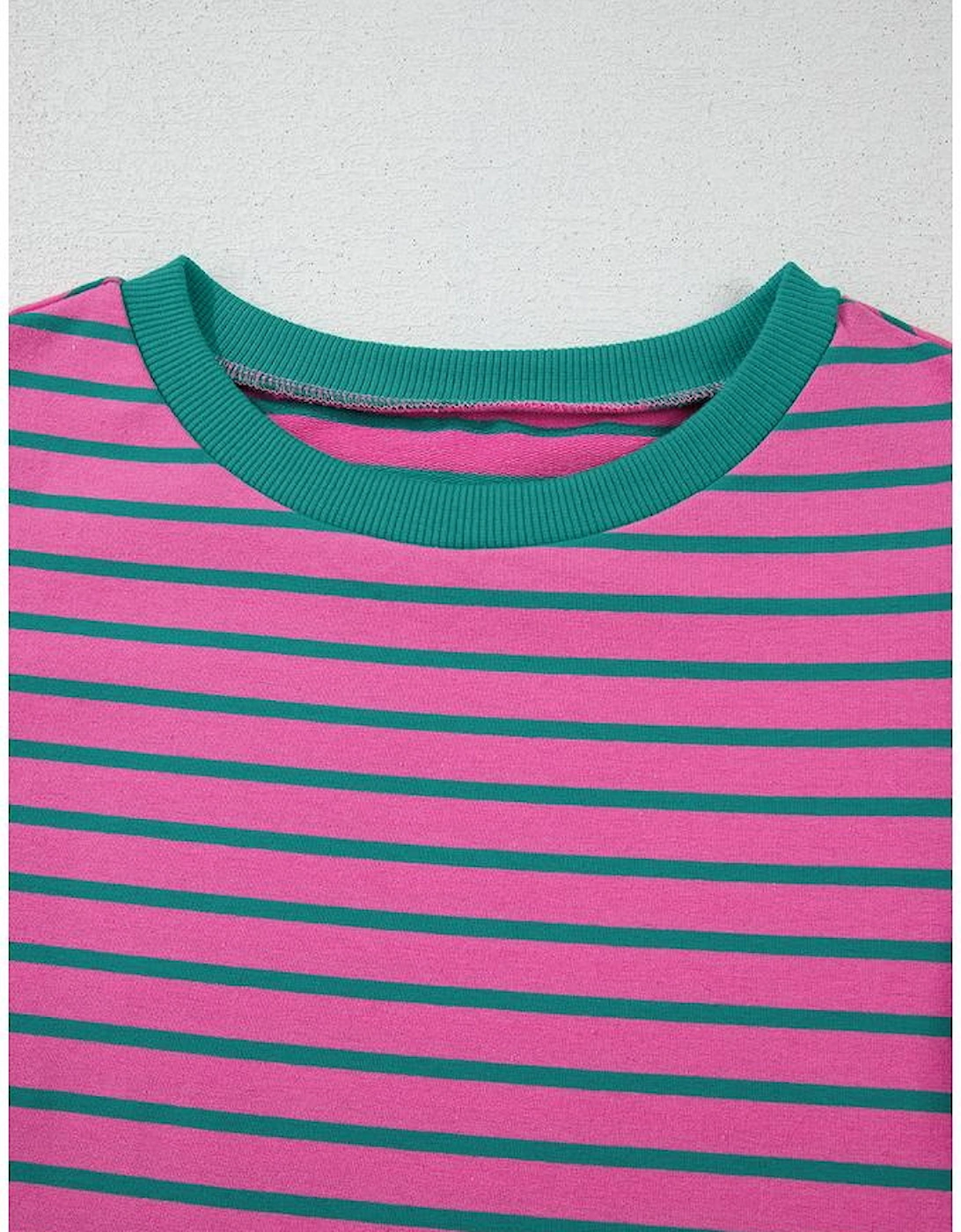 Pink Stripe Colorblock Ruffled Sleeve Crew Neck Blouse
