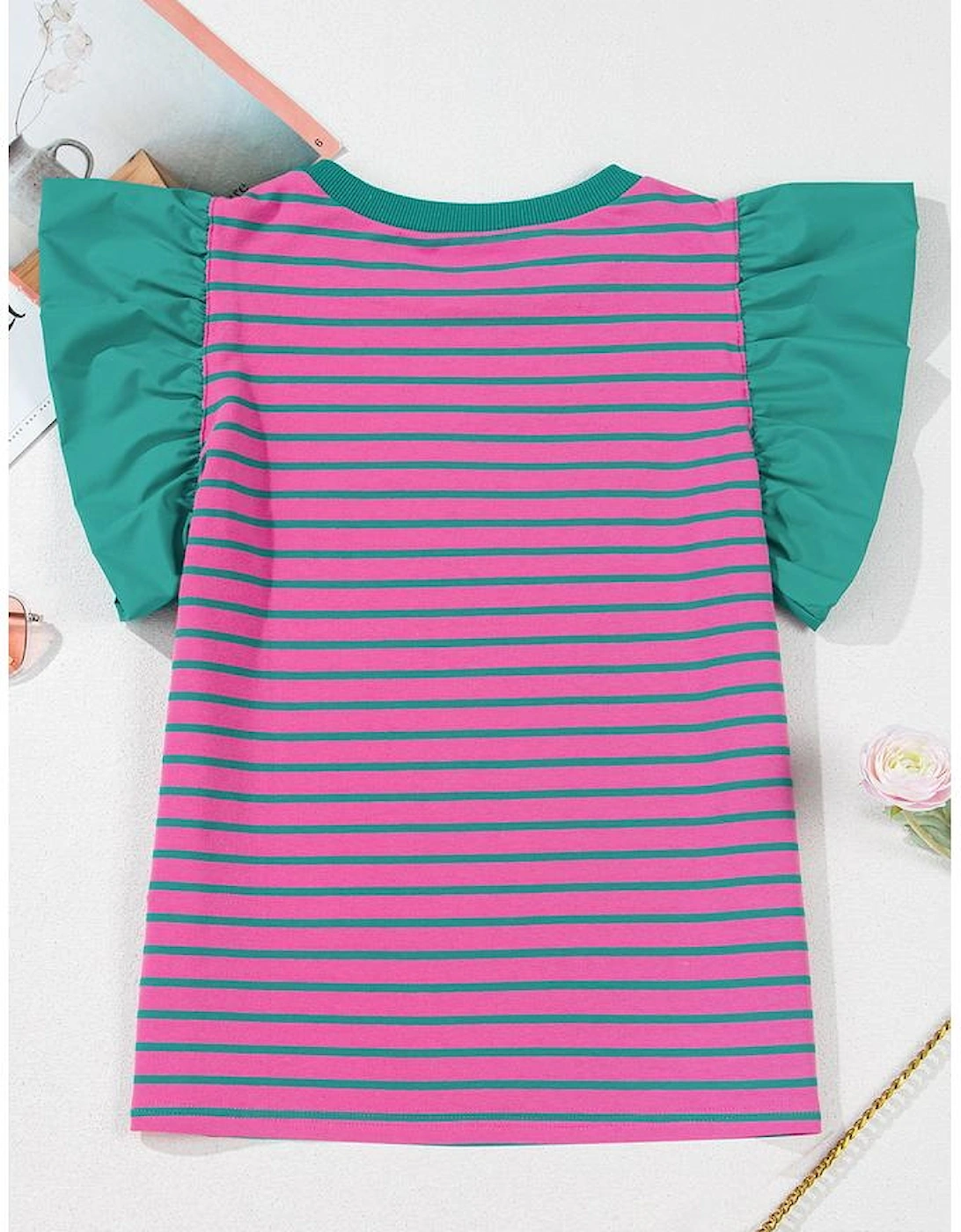 Pink Stripe Colorblock Ruffled Sleeve Crew Neck Blouse