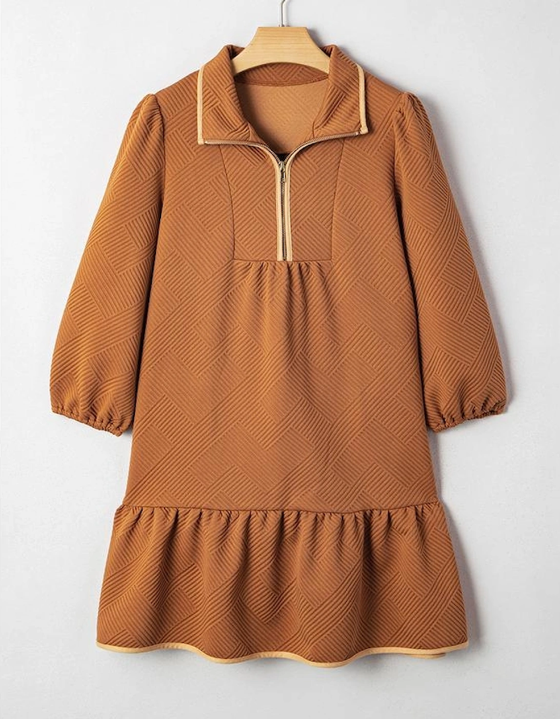 Desert Gold  Quarter Zip Collar Bracelet Sleeve Textured Mini Dress