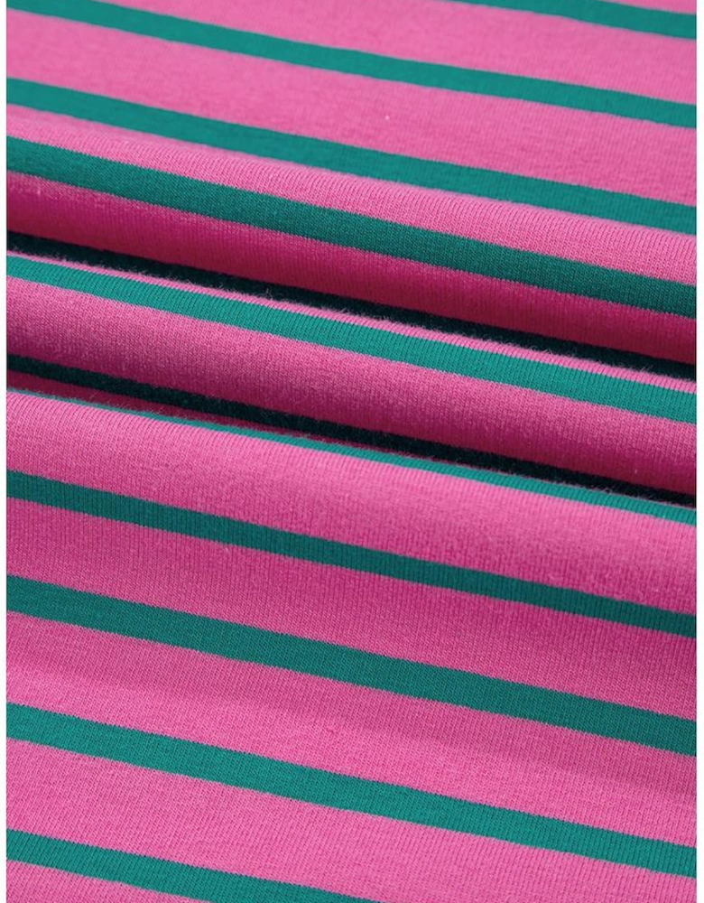 Pink Stripe Colorblock Ruffled Sleeve Crew Neck Blouse