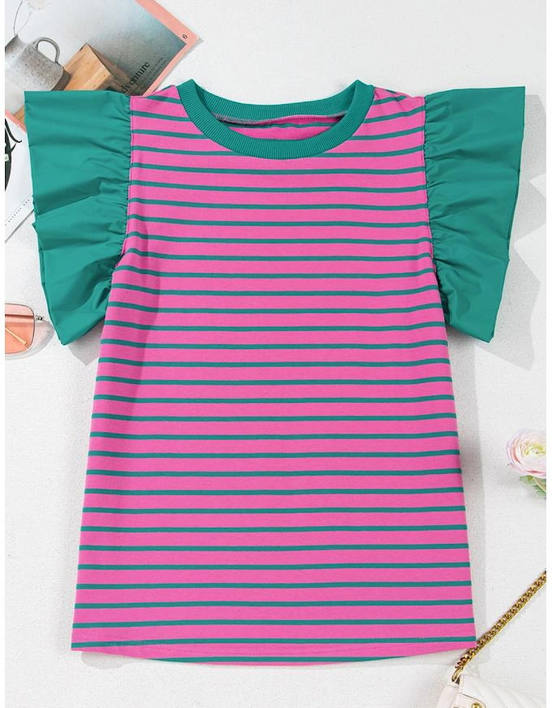 Pink Stripe Colorblock Ruffled Sleeve Crew Neck Blouse, 15 of 14