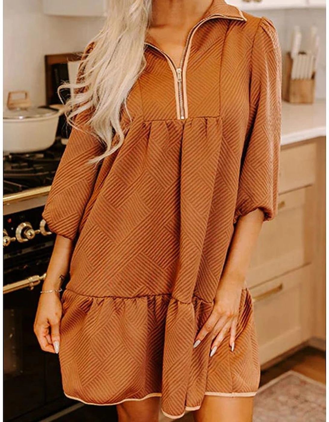 Desert Gold  Quarter Zip Collar Bracelet Sleeve Textured Mini Dress