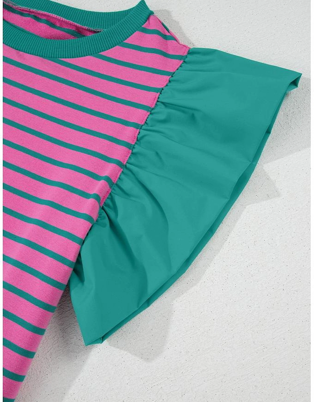 Pink Stripe Colorblock Ruffled Sleeve Crew Neck Blouse