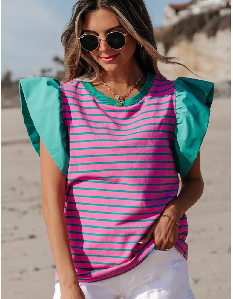Pink Stripe Colorblock Ruffled Sleeve Crew Neck Blouse