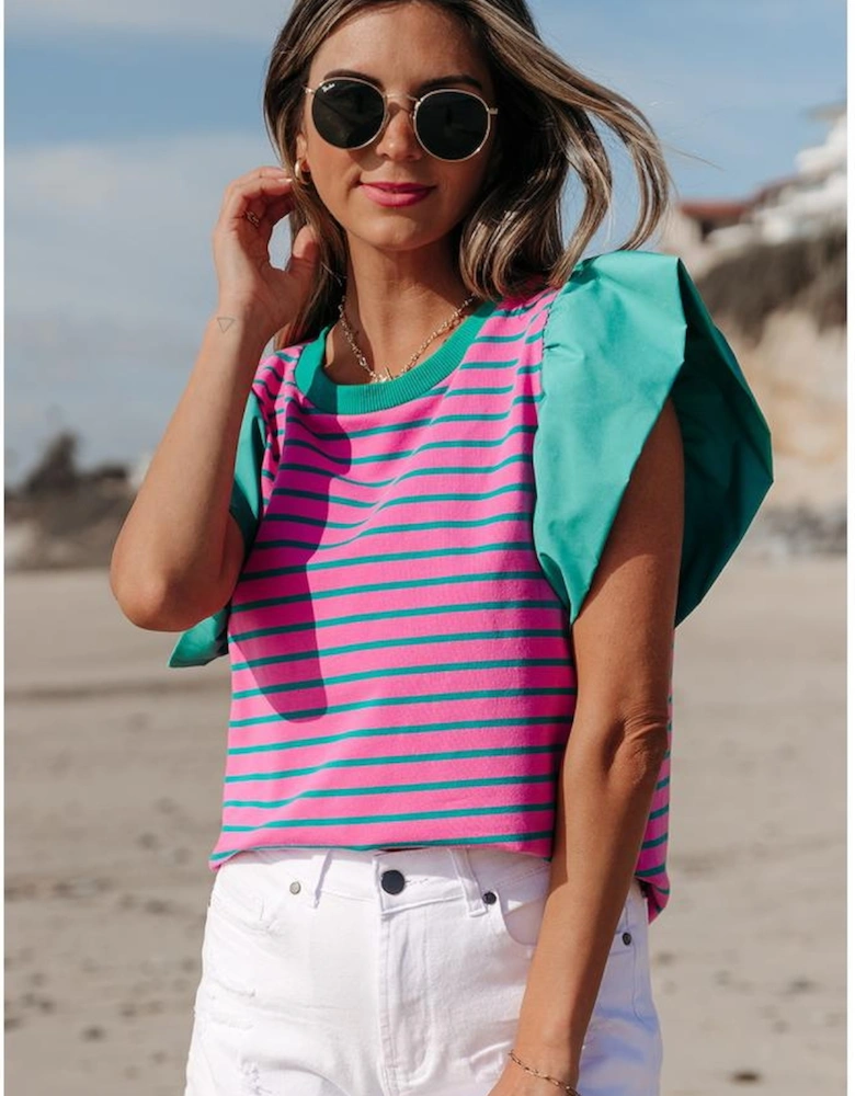 Pink Stripe Colorblock Ruffled Sleeve Crew Neck Blouse