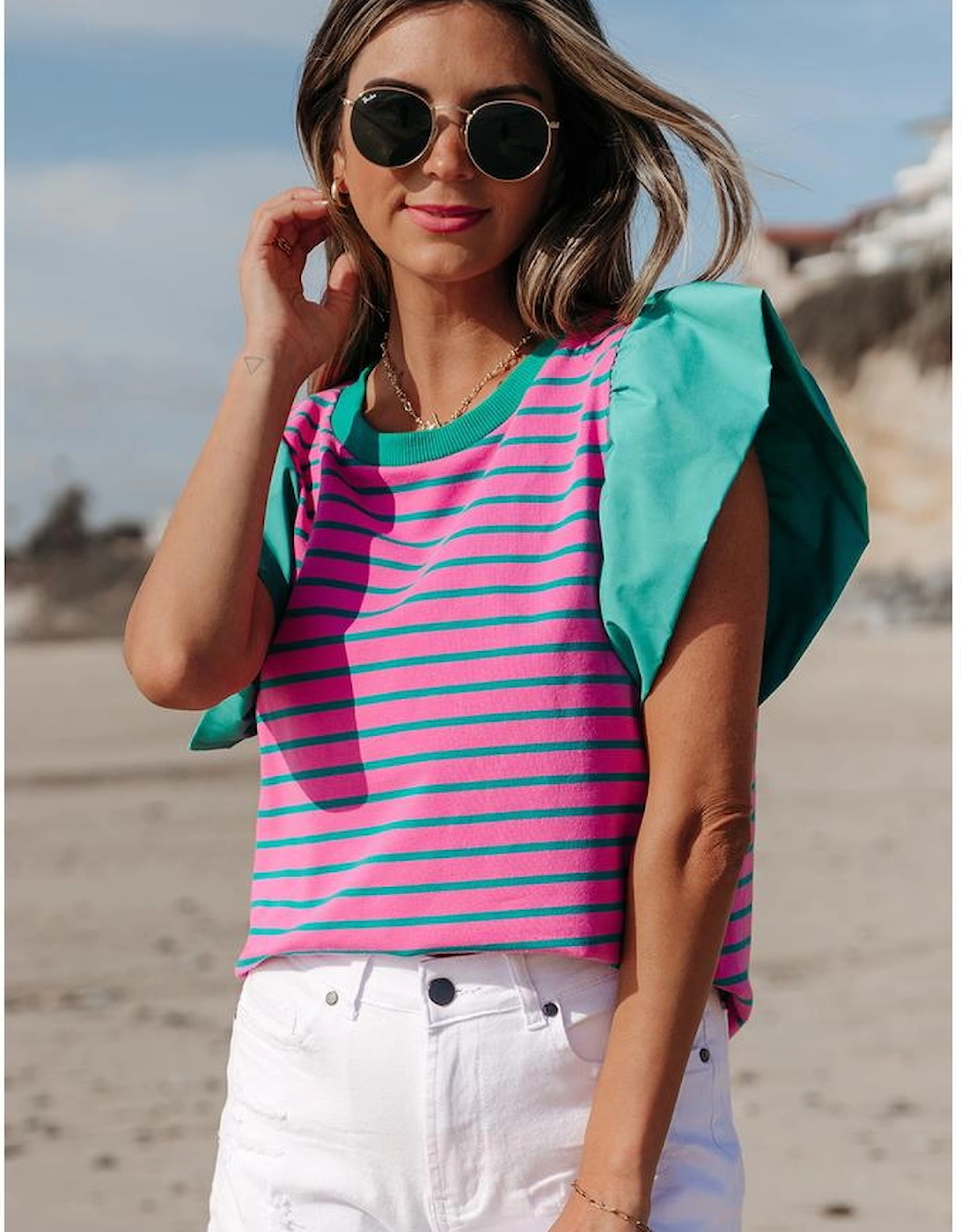 Pink Stripe Colorblock Ruffled Sleeve Crew Neck Blouse