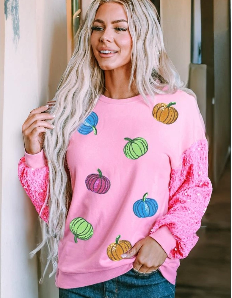Pink Sequin Sleeve Pumpkin Pattern Thanksgiving Halloween Patchwork Pullover Top