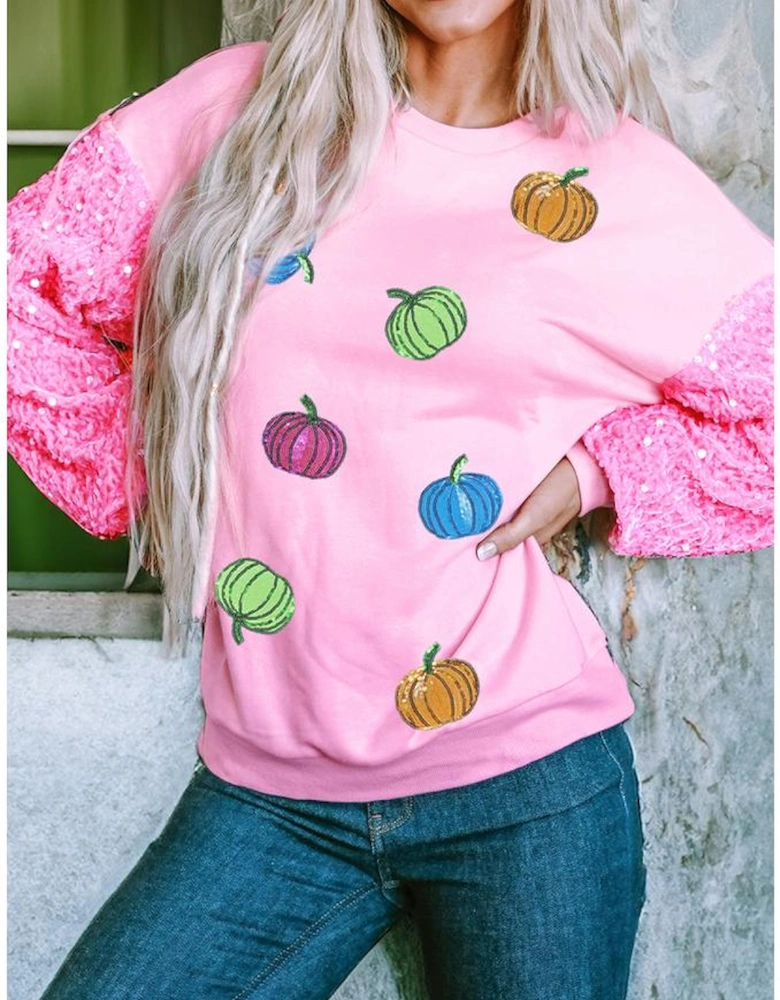 Pink Sequin Sleeve Pumpkin Pattern Thanksgiving Halloween Patchwork Pullover Top