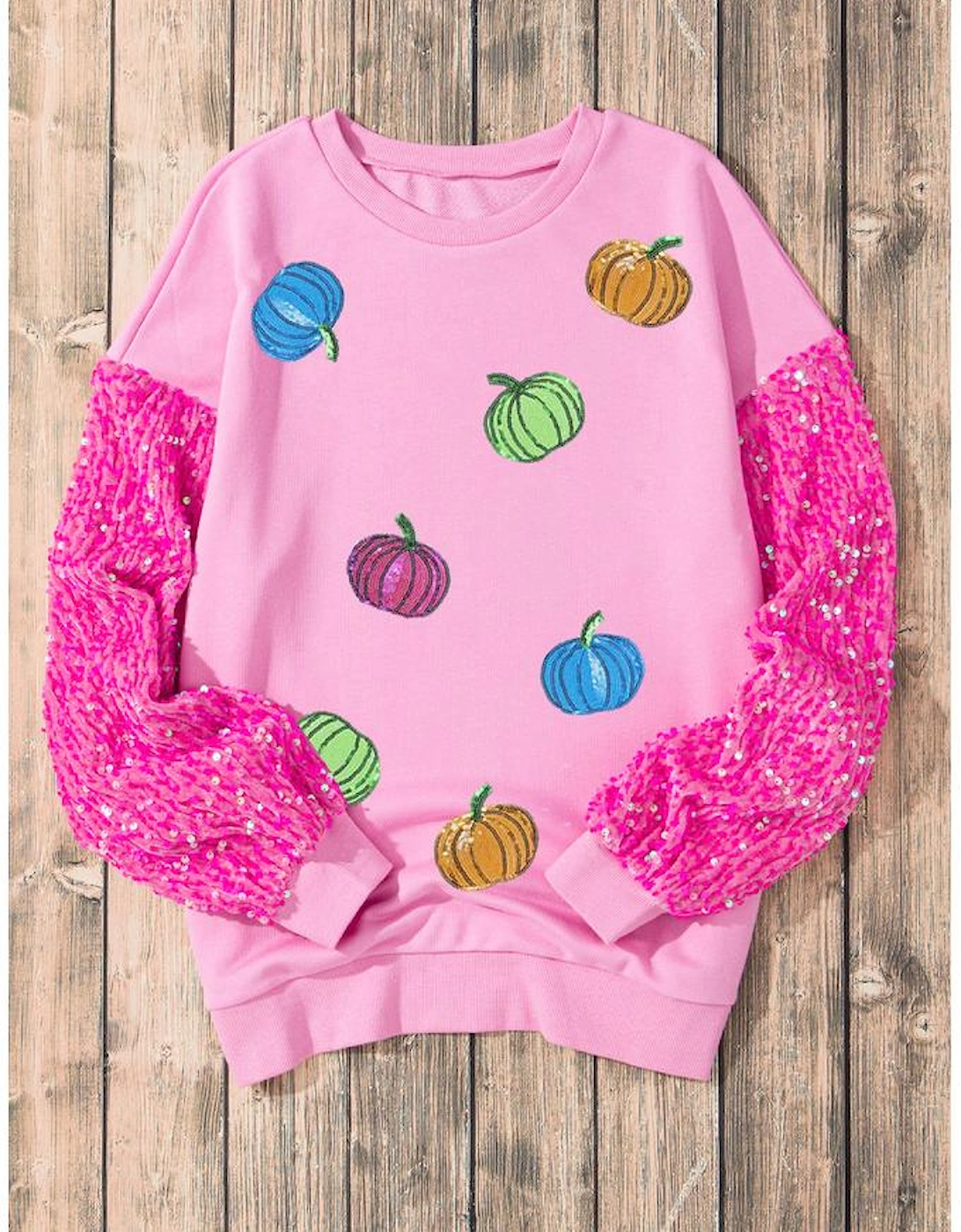 Pink Sequin Sleeve Pumpkin Pattern Thanksgiving Halloween Patchwork Pullover Top