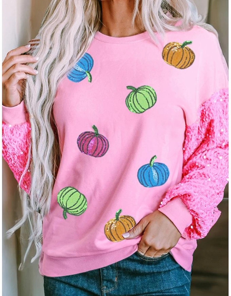 Pink Sequin Sleeve Pumpkin Pattern Thanksgiving Halloween Patchwork Pullover Top