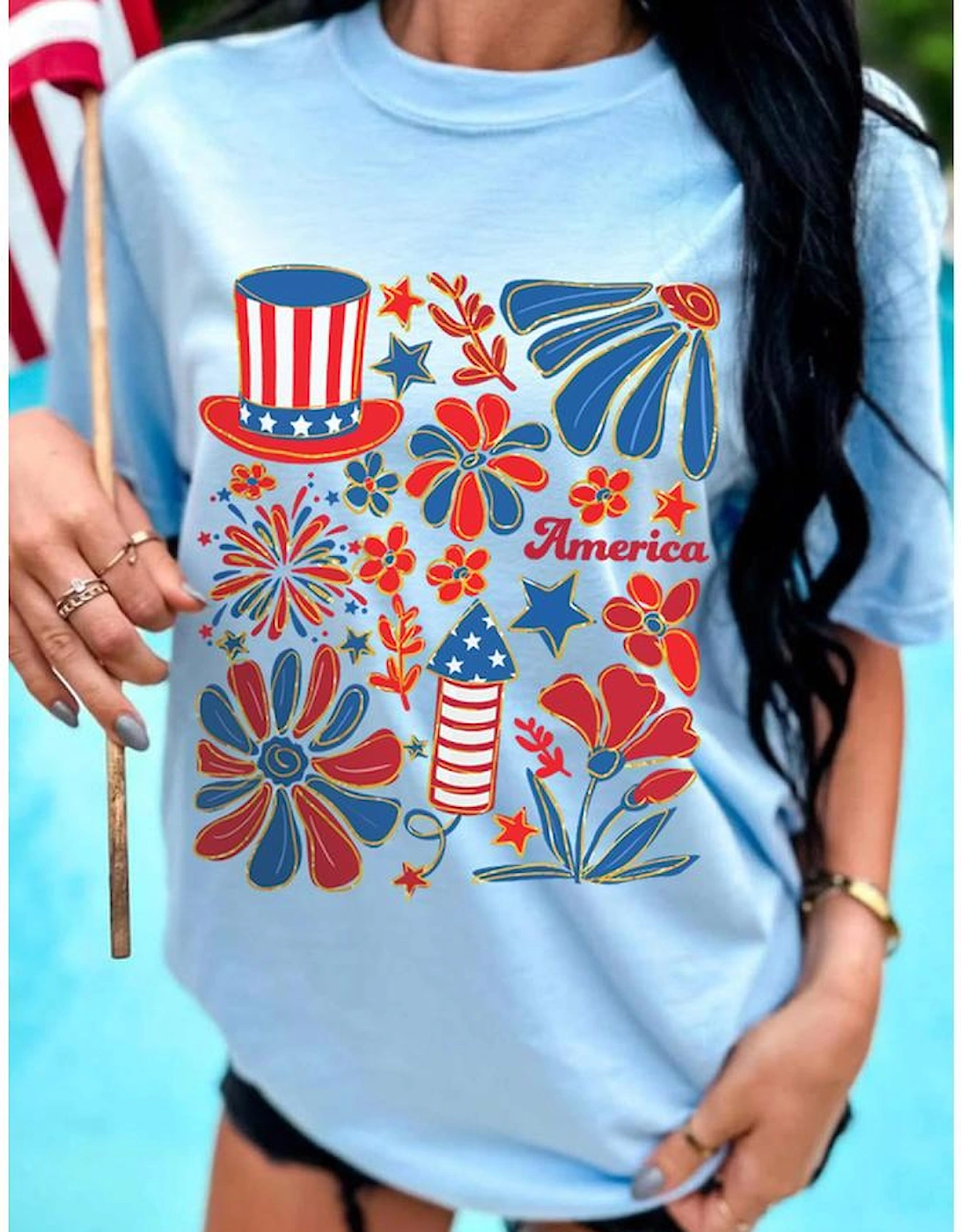 Light Blue America Floral Firework Print 4th of July T Shirt