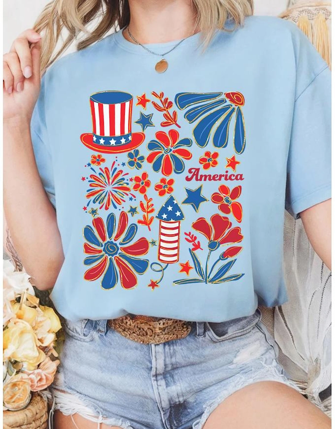 Light Blue America Floral Firework Print 4th of July T Shirt