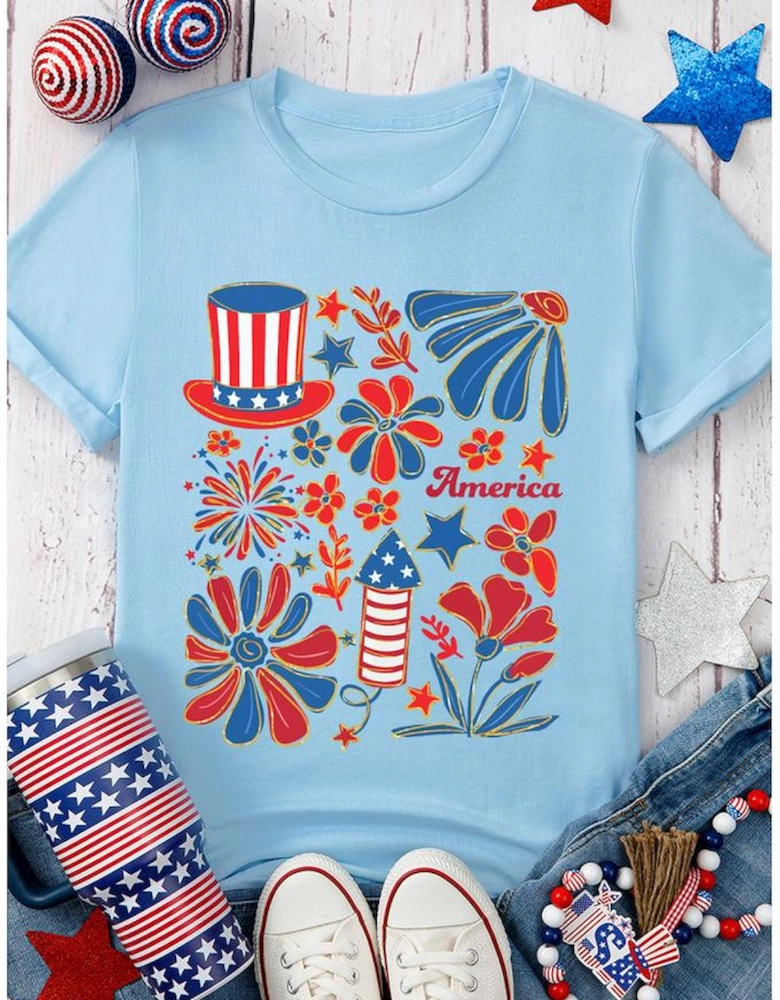 Light Blue America Floral Firework Print 4th of July T Shirt