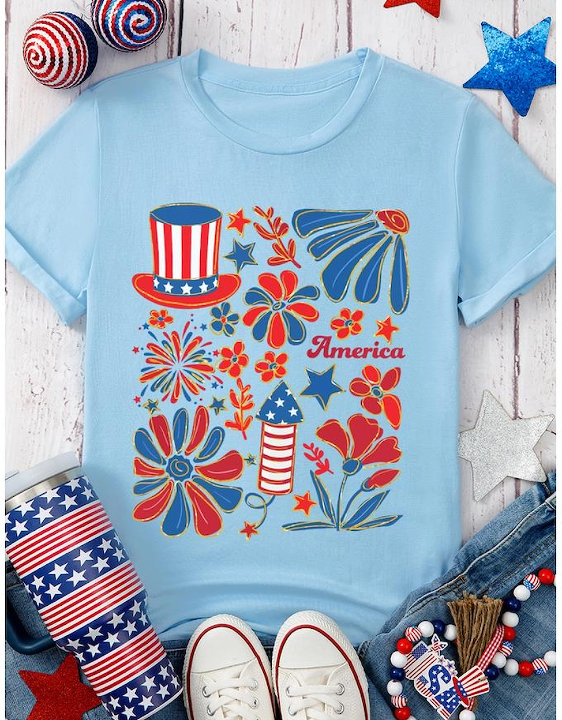 Light Blue America Floral Firework Print 4th of July T Shirt, 7 of 6