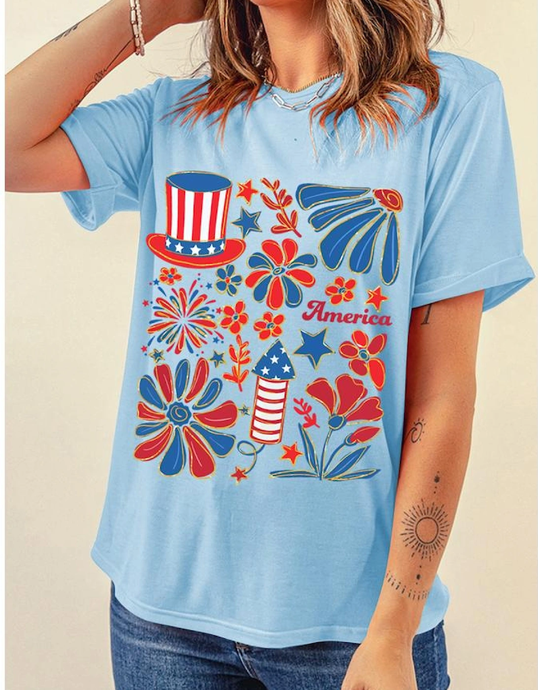Light Blue America Floral Firework Print 4th of July T Shirt