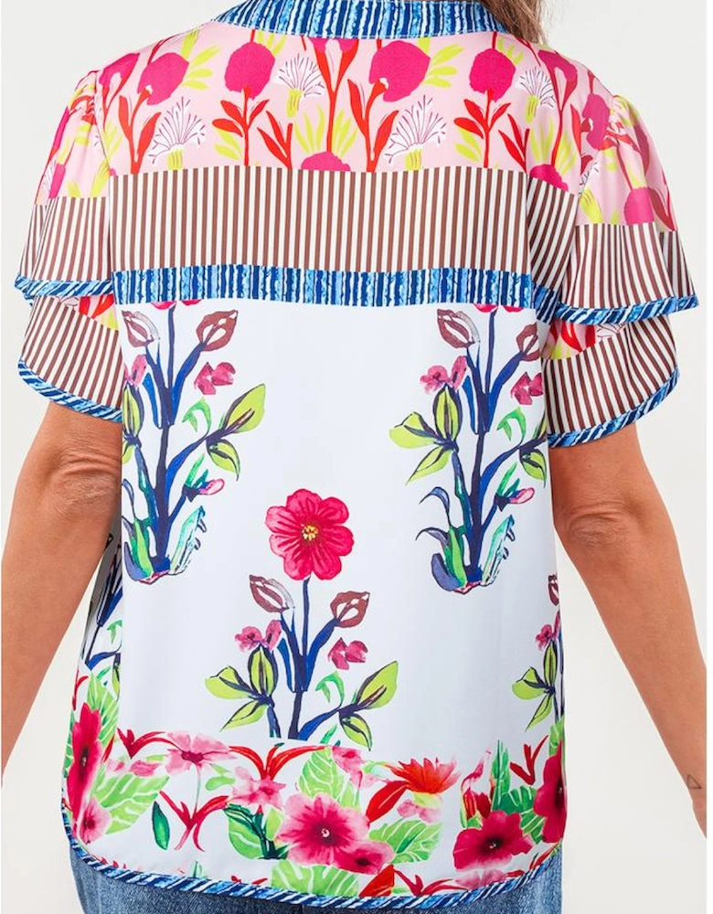 Pink Floral Striped Patchwork Short Sleeve Split Neck Blouse