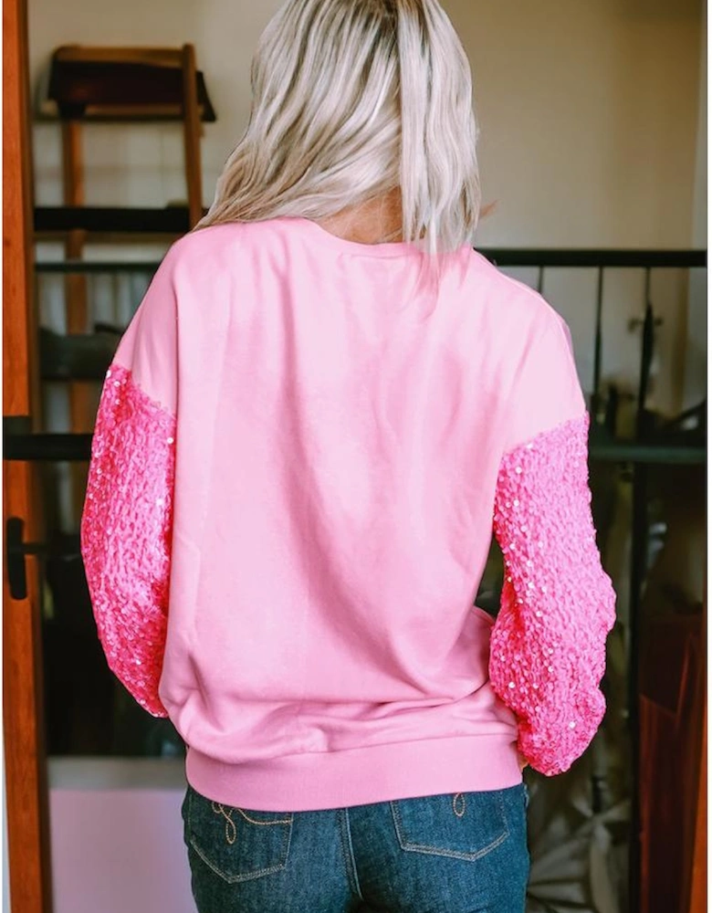 Pink Sequin Sleeve Pumpkin Pattern Thanksgiving Halloween Patchwork Pullover Top