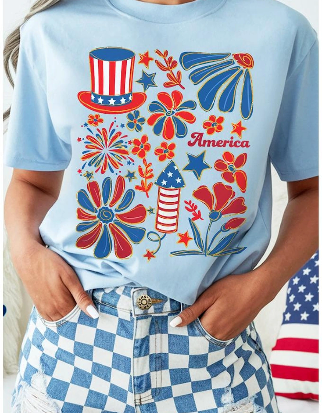 Light Blue America Floral Firework Print 4th of July T Shirt