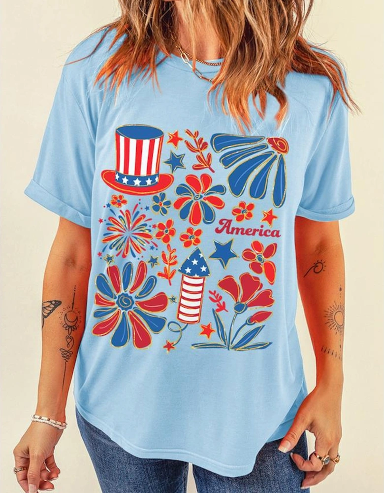 Light Blue America Floral Firework Print 4th of July T Shirt