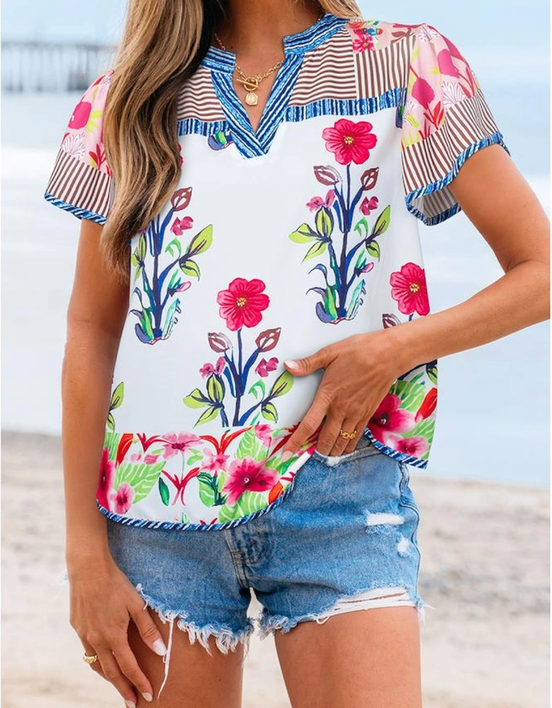 Pink Floral Striped Patchwork Short Sleeve Split Neck Blouse