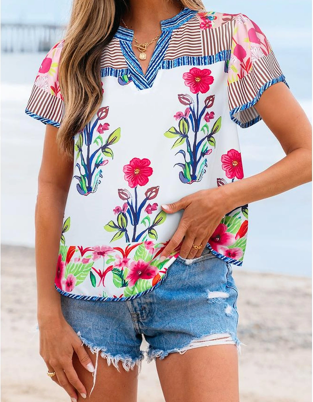 Pink Floral Striped Patchwork Short Sleeve Split Neck Blouse