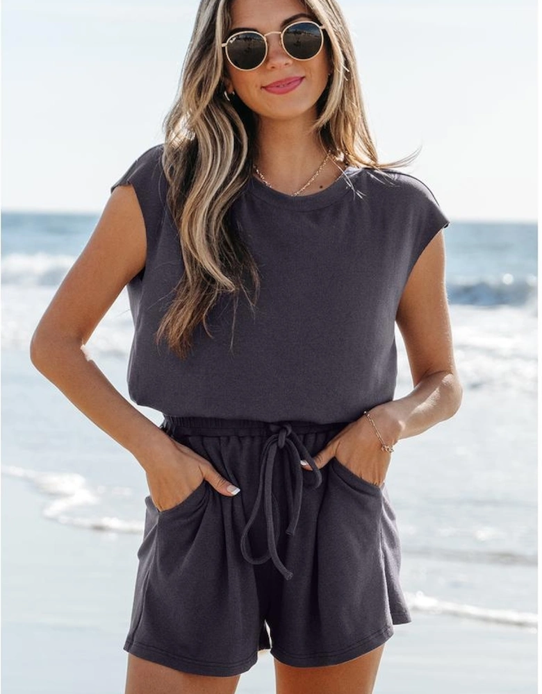 Bristol Black Knit Open Back Cap Sleeve Drawstring Romper