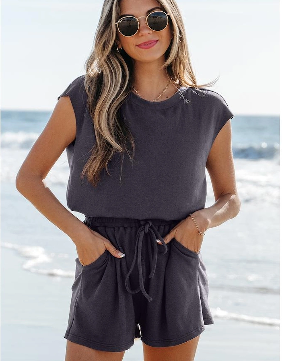 Bristol Black Knit Open Back Cap Sleeve Drawstring Romper, 16 of 15