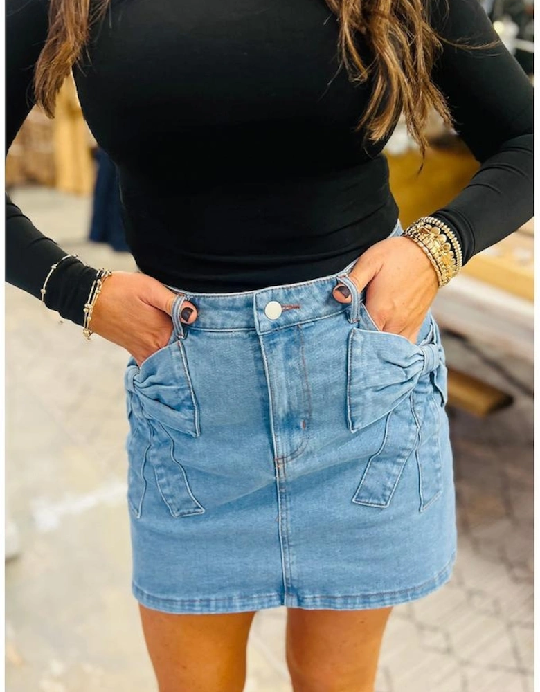 Dusk Blue Acid Wash Bowknot Details High Waist Denim Skirt