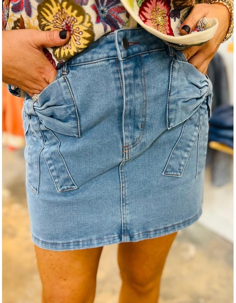 Dusk Blue Acid Wash Bowknot Details High Waist Denim Skirt