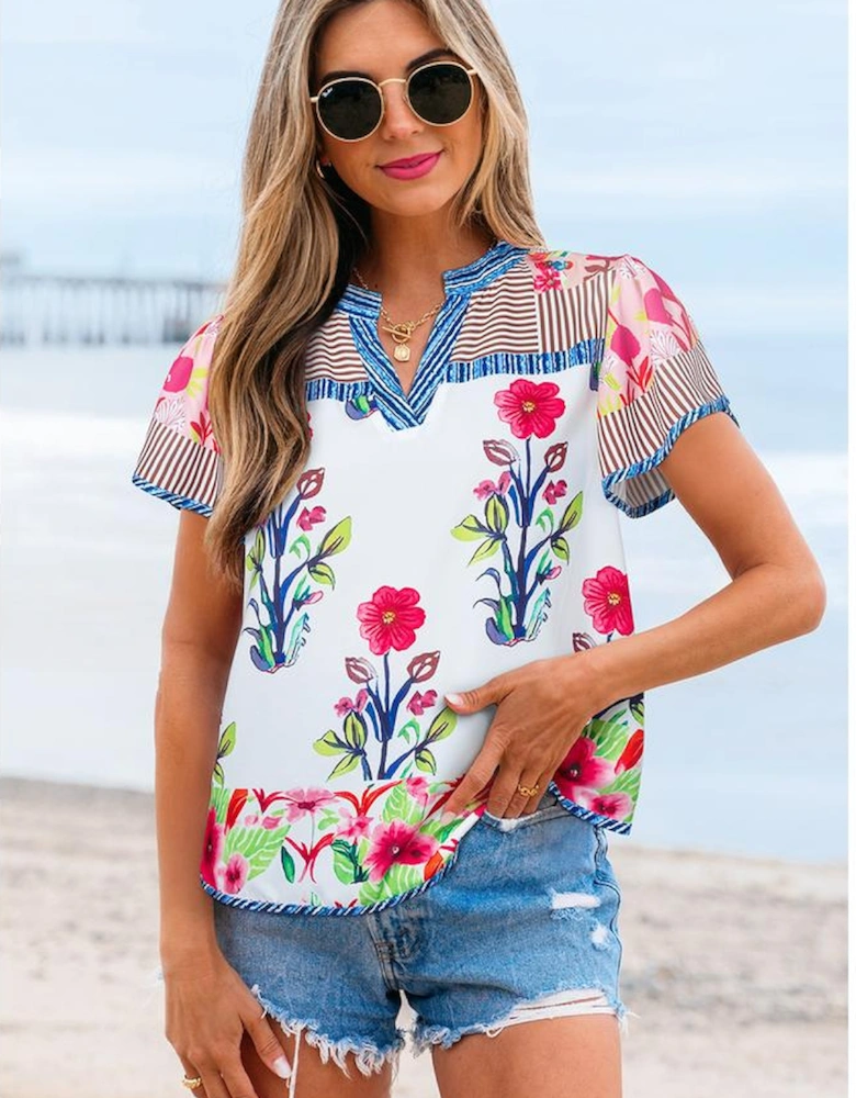 Pink Floral Striped Patchwork Short Sleeve Split Neck Blouse