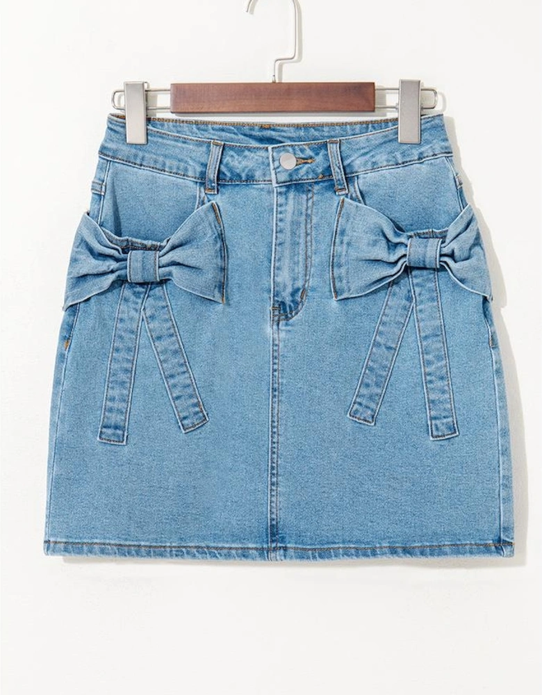Dusk Blue Acid Wash Bowknot Details High Waist Denim Skirt