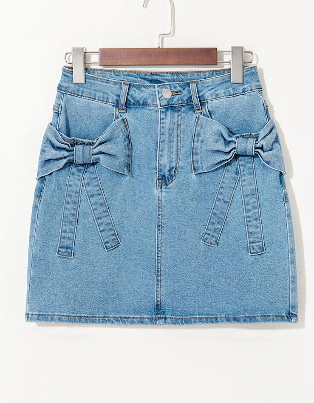 Dusk Blue Acid Wash Bowknot Details High Waist Denim Skirt