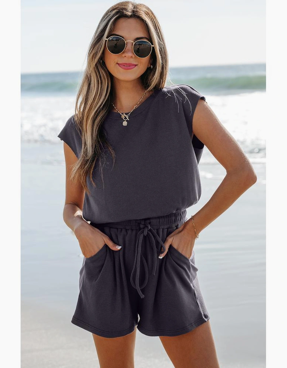 Bristol Black Knit Open Back Cap Sleeve Drawstring Romper