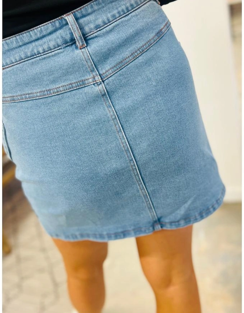 Dusk Blue Acid Wash Bowknot Details High Waist Denim Skirt