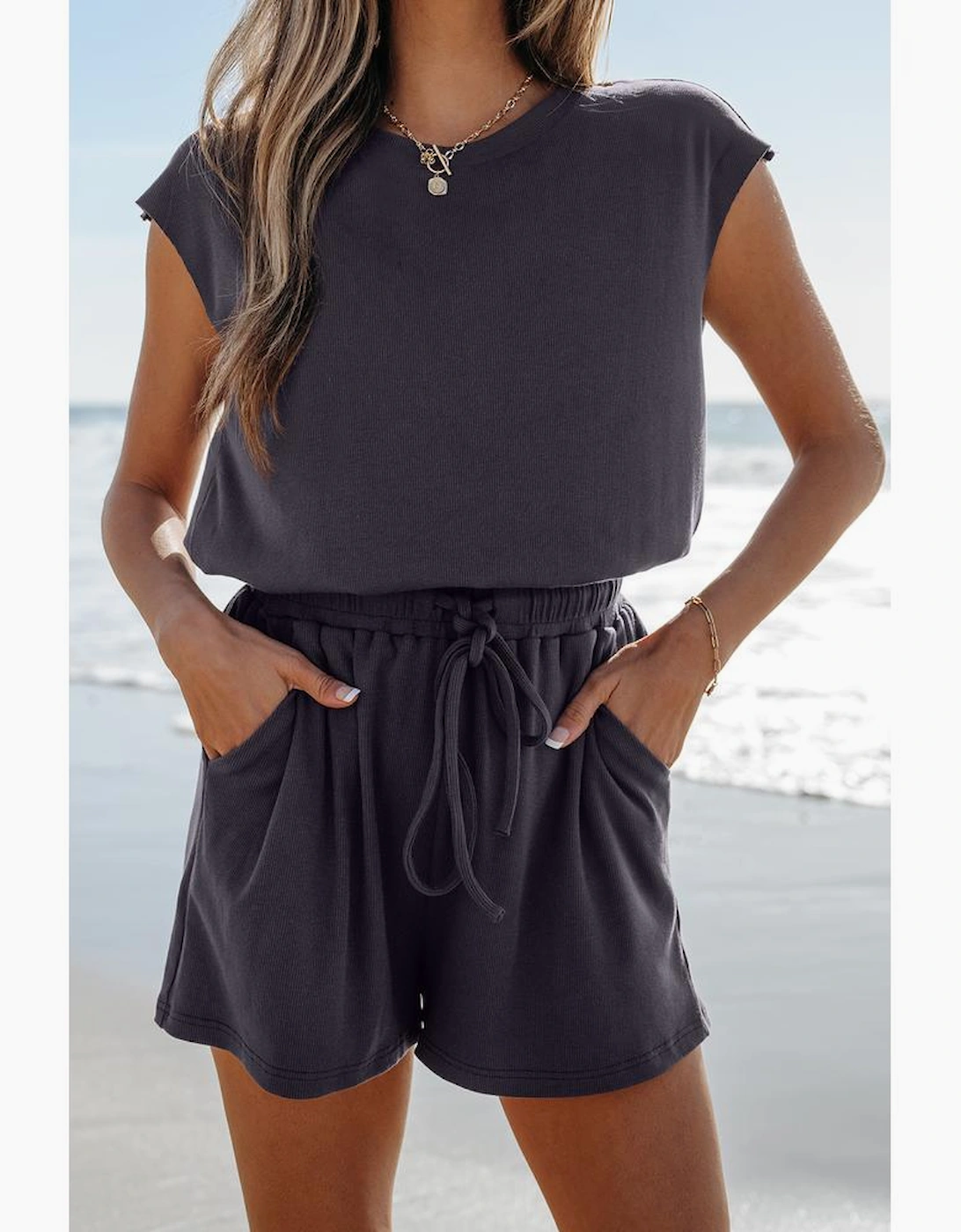 Bristol Black Knit Open Back Cap Sleeve Drawstring Romper