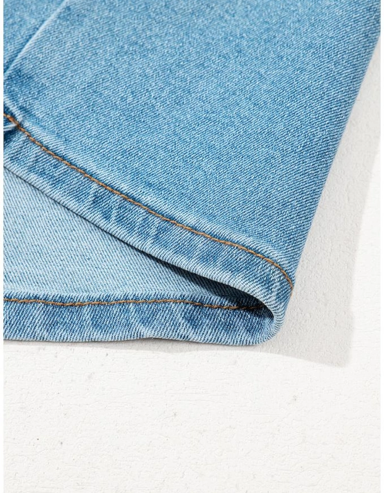 Dusk Blue Acid Wash Bowknot Details High Waist Denim Skirt