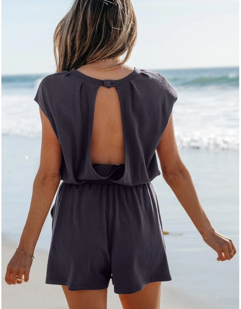 Bristol Black Knit Open Back Cap Sleeve Drawstring Romper