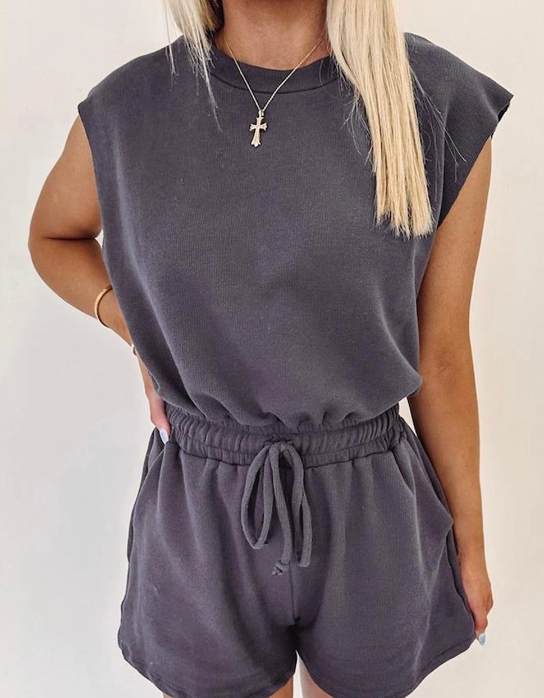 Bristol Black Knit Open Back Cap Sleeve Drawstring Romper