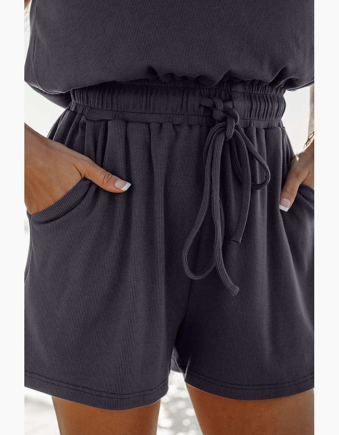 Bristol Black Knit Open Back Cap Sleeve Drawstring Romper