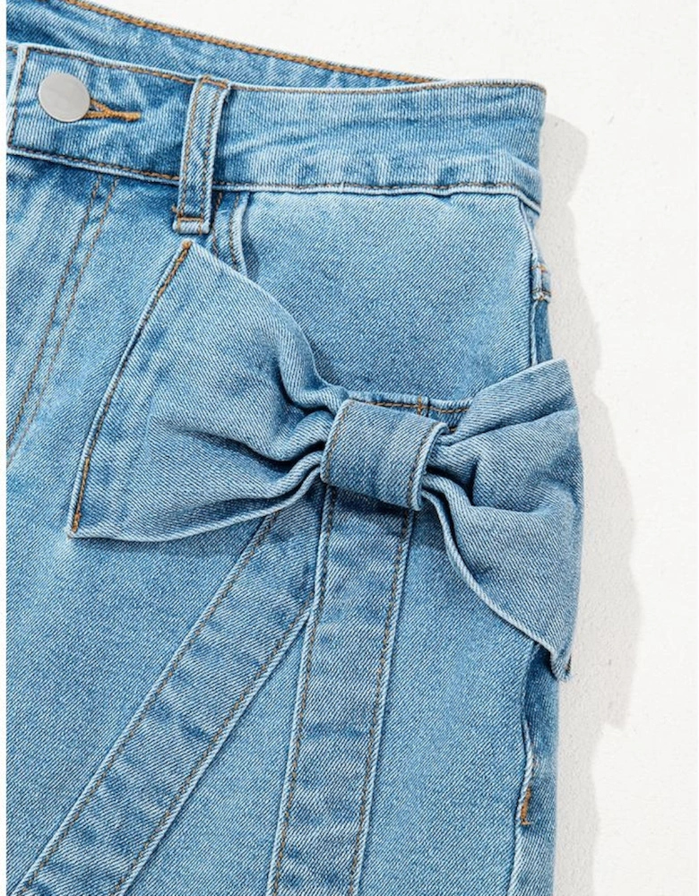 Dusk Blue Acid Wash Bowknot Details High Waist Denim Skirt