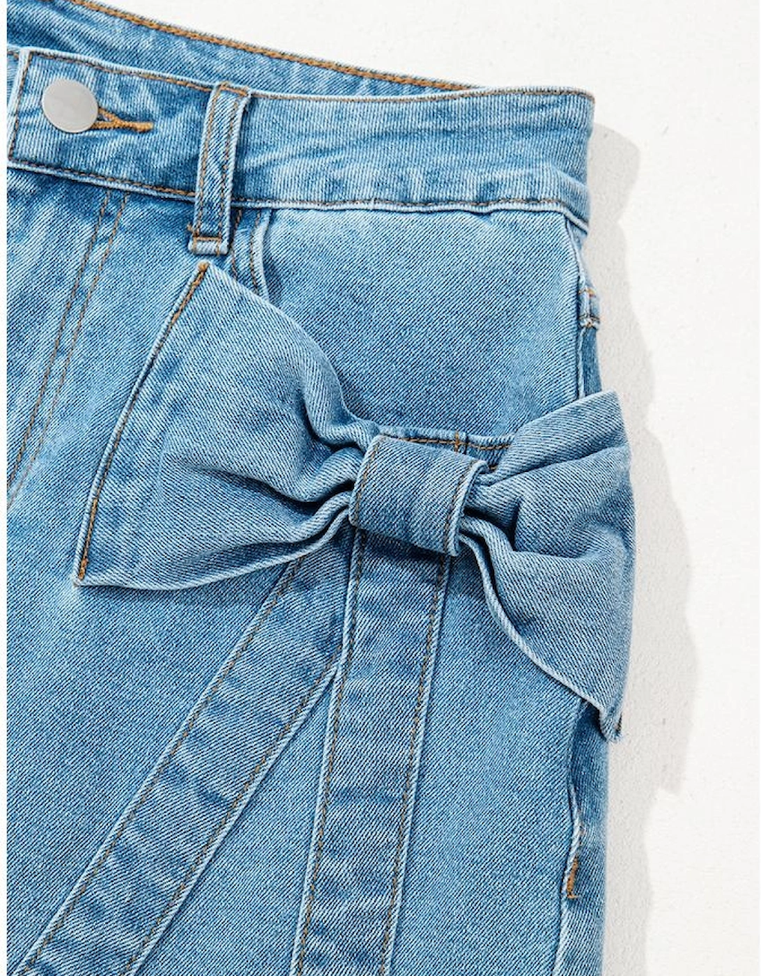 Dusk Blue Acid Wash Bowknot Details High Waist Denim Skirt